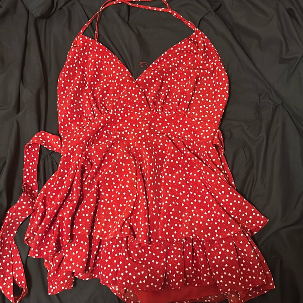 Red romper with white hearts